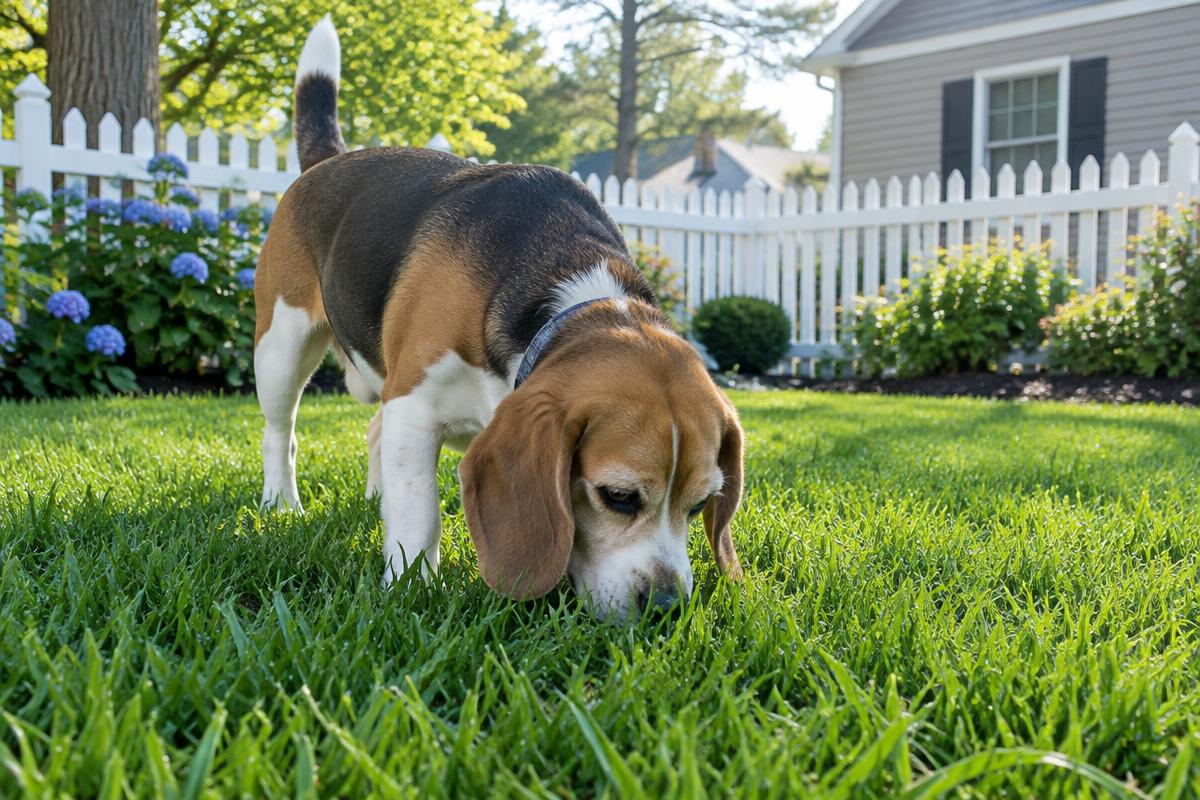 Beagle sniffing a clean backyard lawn