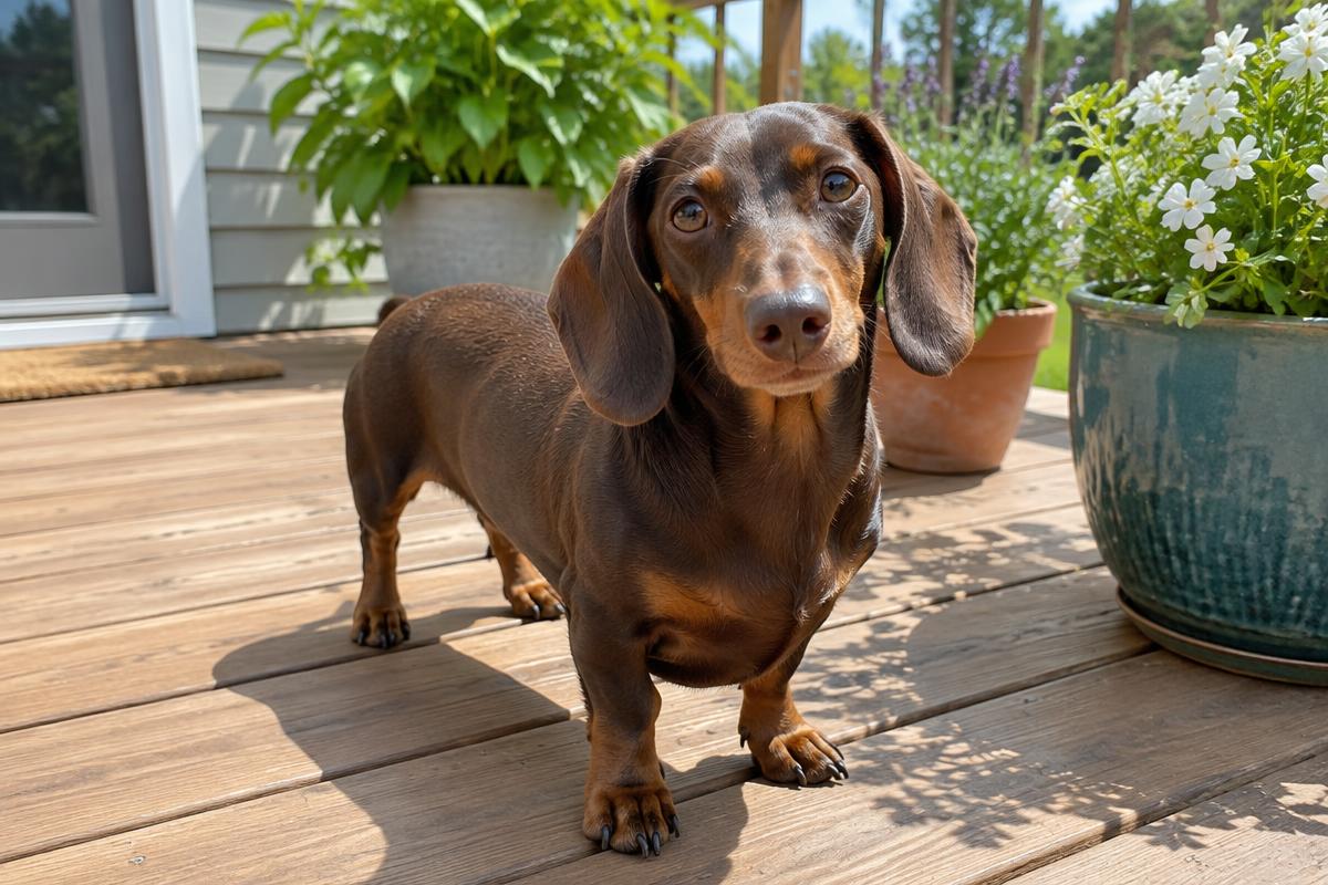 Dachshund on a clean wooden deck