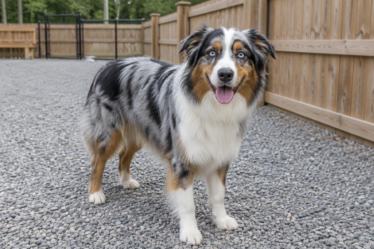 Australian shepherd in a clean gravel dog run