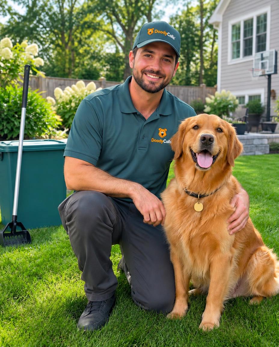 Technician kneeling with a happy golden retriever on a clean lawn