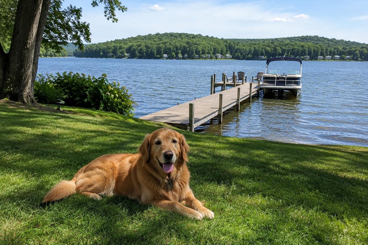 Golden retriever resting on a clean lakeside lawn