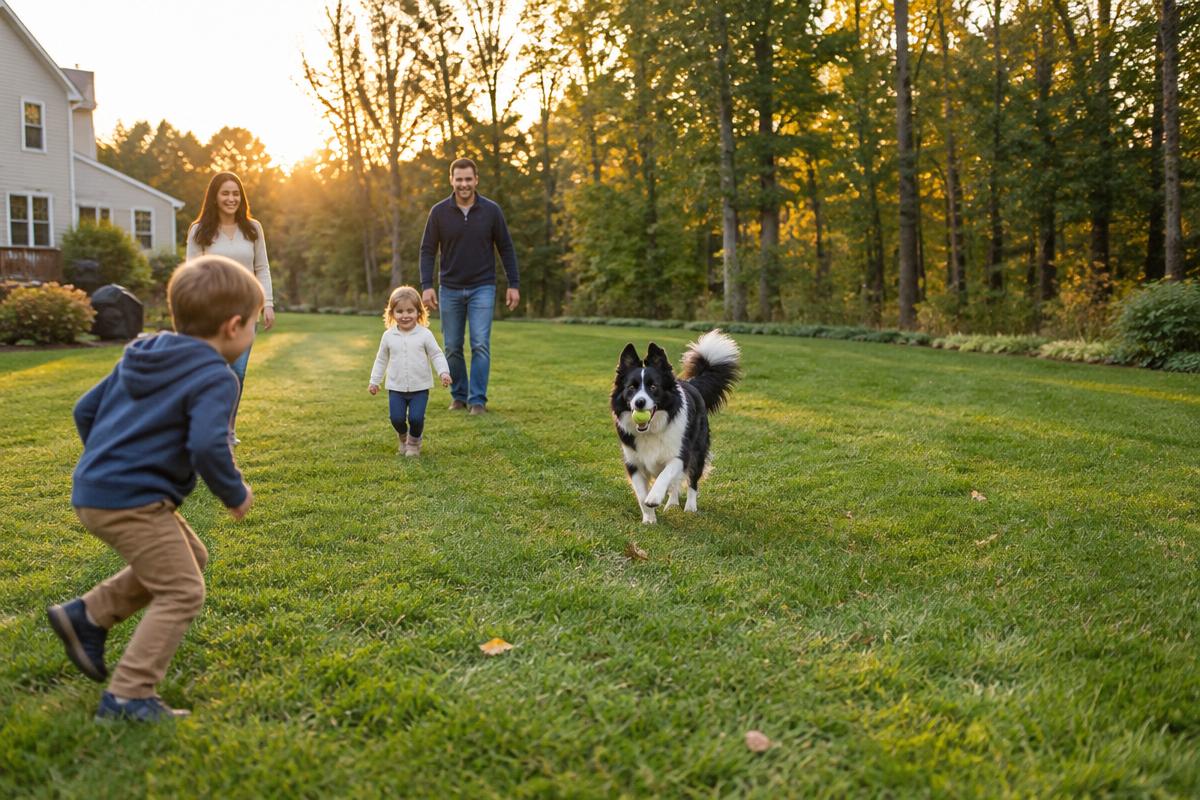 Family playing fetch with a border collie in their yard