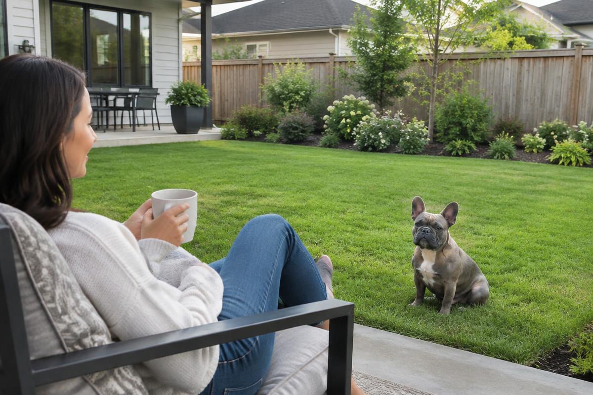 Woman relaxing on a patio with her french bulldog